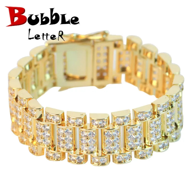 Bubble Letter Men Bracelet On Hand Watch Link Real Gold Plated Hip Hop Jewelry